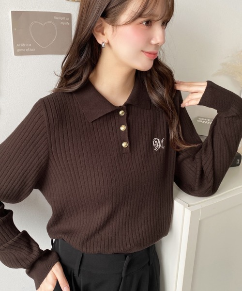 moment+(モーメントプラス)の「刺繍入り衿付きポロニット〈手洗い可能〉(ニット/セーター・レディース・ネイビー/ブラウン/ボルドー/アイボリー/ブラック・M/L)」の8枚目の写真