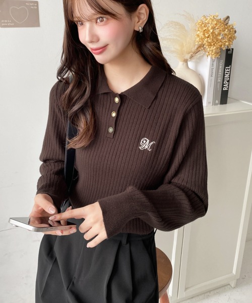 moment+(モーメントプラス)の「刺繍入り衿付きポロニット〈手洗い可能〉(ニット/セーター・レディース・ネイビー/ブラウン/ボルドー/アイボリー/ブラック・M/L)」の9枚目の写真