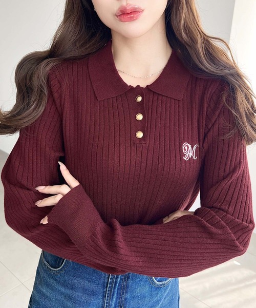 moment+(モーメントプラス)の「刺繍入り衿付きポロニット〈手洗い可能〉(ニット/セーター・レディース・ネイビー/ブラウン/ボルドー/アイボリー/ブラック・M/L)」の17枚目の写真