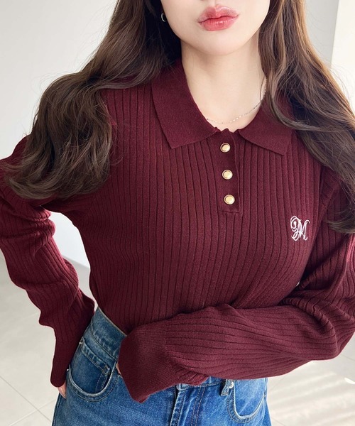 moment+(モーメントプラス)の「刺繍入り衿付きポロニット〈手洗い可能〉(ニット/セーター・レディース・ネイビー/ブラウン/ボルドー/アイボリー/ブラック・M/L)」の16枚目の写真