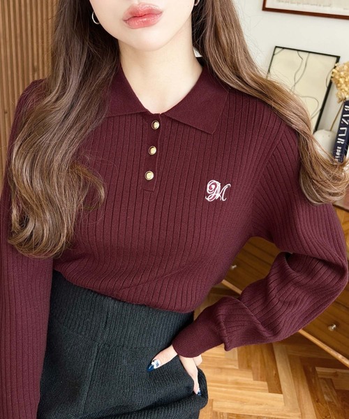 moment+(モーメントプラス)の「刺繍入り衿付きポロニット〈手洗い可能〉(ニット/セーター・レディース・ネイビー/ブラウン/ボルドー/アイボリー/ブラック・M/L)」の19枚目の写真