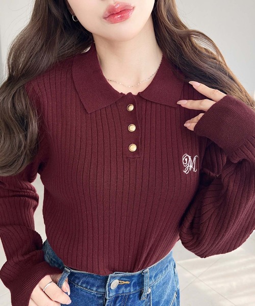 moment+(モーメントプラス)の「刺繍入り衿付きポロニット〈手洗い可能〉(ニット/セーター・レディース・ネイビー/ブラウン/ボルドー/アイボリー/ブラック・M/L)」の15枚目の写真