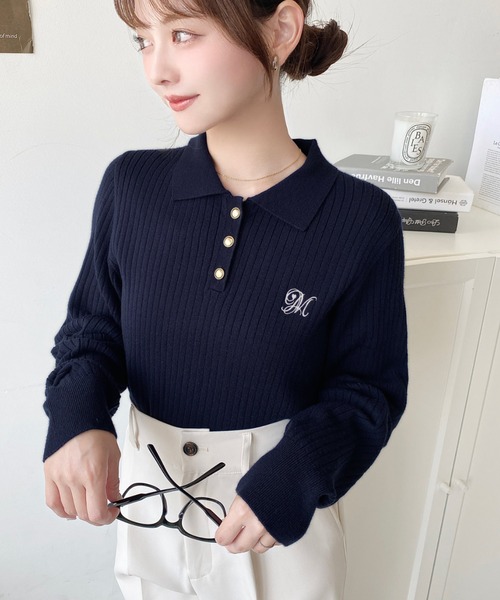 セール】刺繍入り衿付きポロニット（ニット/セーター）｜moment+