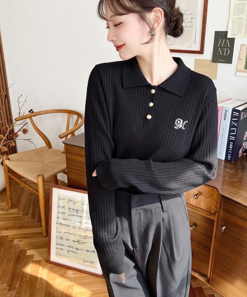 セール】刺繍入り衿付きポロニット（ニット/セーター）｜moment+