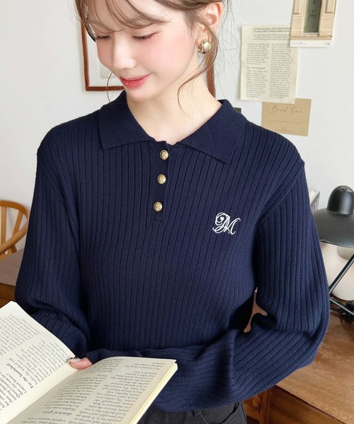 セール】刺繍入り衿付きポロニット（ニット/セーター）｜moment+