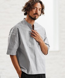 felkod | mhs2316- Stripe Half Sleeve Key Neck Shirts ５分袖シャツ(シャツ/ブラウス)
