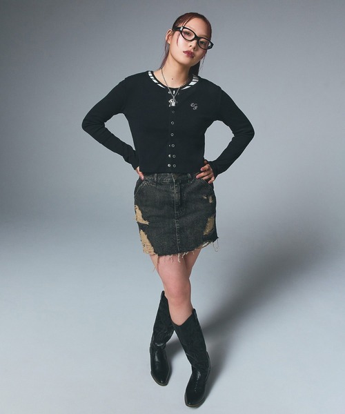 売切れ前に 大人気 X-girl DISTRESSED DENIM MINI SKIRT セール】DISTRESSED DENIM MINI SKIRT（デニムスカート）｜X