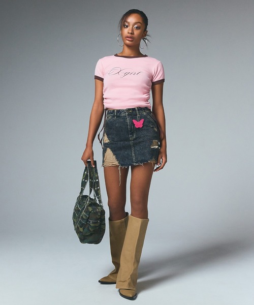 売切れ前に 大人気 X-girl DISTRESSED DENIM MINI SKIRT セール】DISTRESSED DENIM MINI SKIRT（デニムスカート）｜X