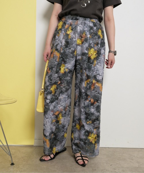 カットジャガード柄パンツ オリジナル水彩 総柄 ワイドストレート