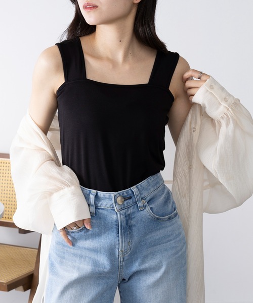 SETUP7（セットアップセブン）の「【SETUP7】日本製 しっとりインナーキャミソール スクエアネック GLR（キャミソール・レディース・オフホワイト/ブラック/グリーン/ライトグレー・FREE）」の2枚目の写真