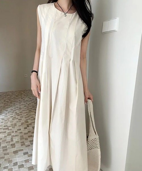 【送料込】大人上品 ノースリーブ タック ロング ワンピース She's Closet ワンピース 襟タックパール付きノースリーブロング