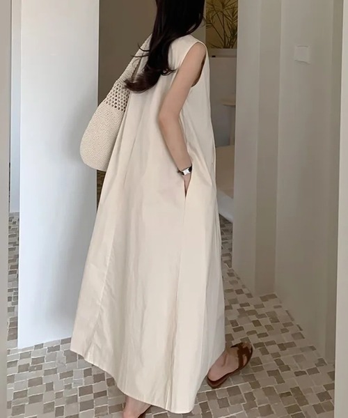 【送料込】大人上品 ノースリーブ タック ロング ワンピース セール】ノースリーブタックロングワンピース（ワンピース