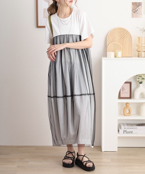 EGLANTINE(エグランティーヌ)の「EGLANTINE チュール切り替えワンピース 半袖(ワンピース・レディース・オフホワイト/キャメル/ブラック・40)」の2枚目の写真