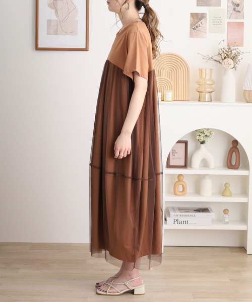 EGLANTINE(エグランティーヌ)の「EGLANTINE チュール切り替えワンピース 半袖(ワンピース・レディース・オフホワイト/キャメル/ブラック・40)」の11枚目の写真