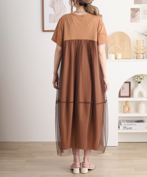 EGLANTINE(エグランティーヌ)の「EGLANTINE チュール切り替えワンピース 半袖(ワンピース・レディース・オフホワイト/キャメル/ブラック・40)」の6枚目の写真