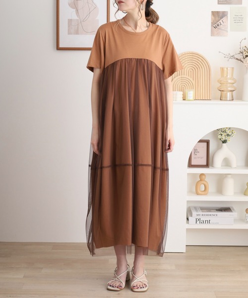 EGLANTINE(エグランティーヌ)の「EGLANTINE チュール切り替えワンピース 半袖(ワンピース・レディース・オフホワイト/キャメル/ブラック・40)」の10枚目の写真