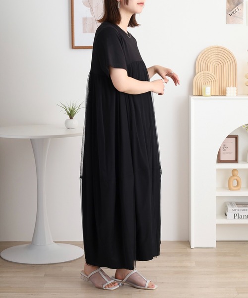 EGLANTINE(エグランティーヌ)の「EGLANTINE チュール切り替えワンピース 半袖(ワンピース・レディース・オフホワイト/キャメル/ブラック・40)」の20枚目の写真