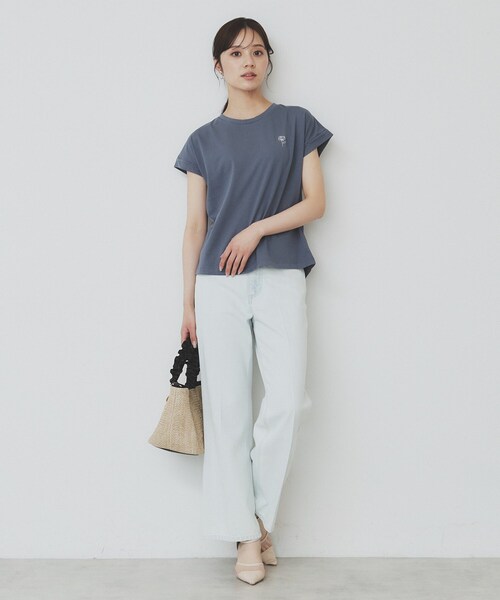 【洗える・日本製】ラインフラワーTシャツ セール】《6色展開/S-3Lサイズ》フラワー刺繍Tシャツ【汗ジミ