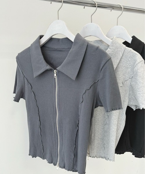 TITTY&CO.（ティティーアンドコー）の「Wジップ半袖リブトップス（パーカー・レディース・チャコールグレー/グレー/ブラック・FREE）」の3枚目の写真