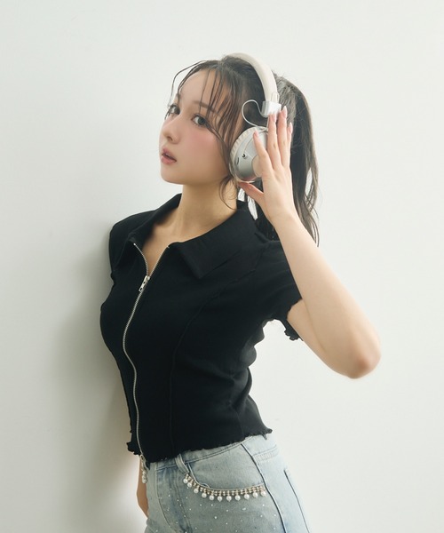 TITTY&CO.（ティティーアンドコー）の「Wジップ半袖リブトップス（パーカー・レディース・チャコールグレー/グレー/ブラック・FREE）」の4枚目の写真