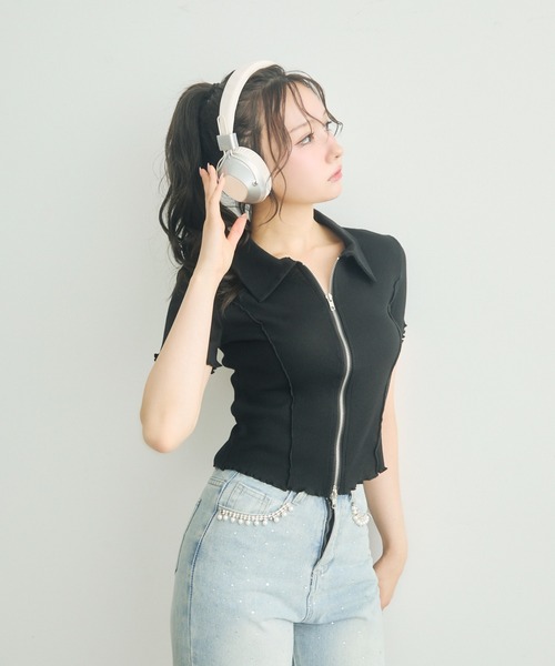 TITTY&CO.（ティティーアンドコー）の「Wジップ半袖リブトップス（パーカー・レディース・チャコールグレー/グレー/ブラック・FREE）」の6枚目の写真