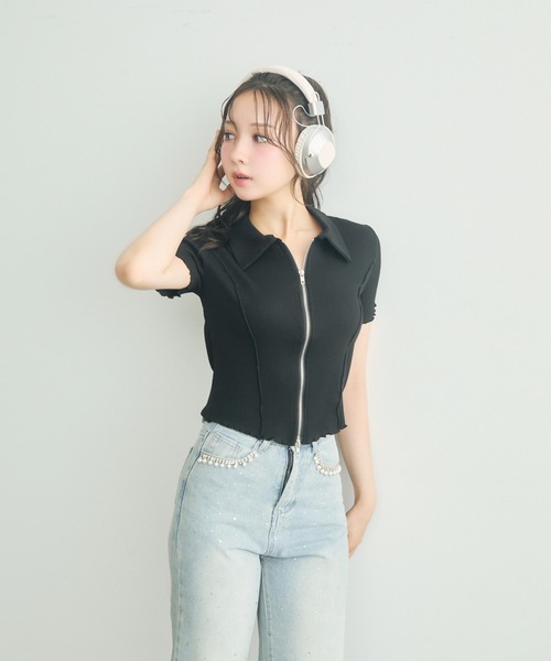 TITTY&CO.（ティティーアンドコー）の「Wジップ半袖リブトップス（パーカー・レディース・チャコールグレー/グレー/ブラック・FREE）」の8枚目の写真