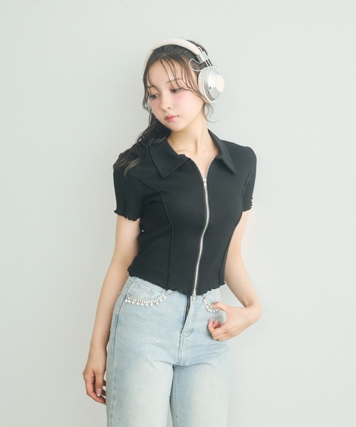 TITTY&CO.（ティティーアンドコー）の「Wジップ半袖リブトップス（パーカー・レディース・チャコールグレー/グレー/ブラック・FREE）」の10枚目の写真