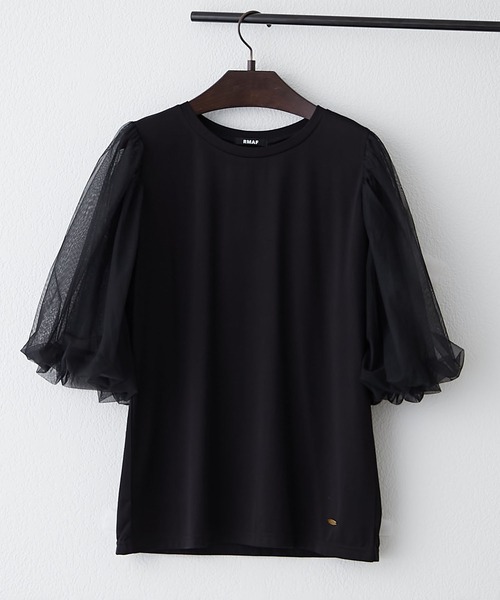 Remind me and forever(リマインドミーアンドフォーエバー)の「袖チュールTシャツ(Tシャツ/カットソー・レディース・ブラック/オフホワイト/トップグレー・FREE)」の2枚目の写真