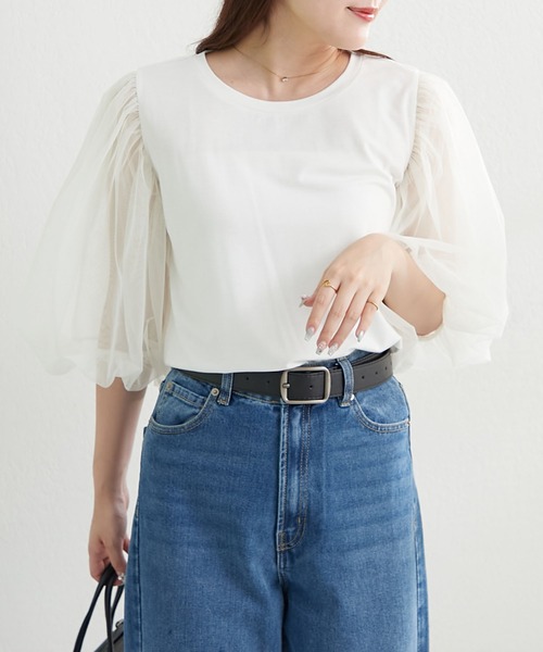 Remind me and forever(リマインドミーアンドフォーエバー)の「袖チュールTシャツ(Tシャツ/カットソー・レディース・ブラック/オフホワイト/トップグレー・FREE)」の8枚目の写真