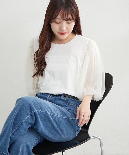 Remind me and forever(リマインドミーアンドフォーエバー)の「袖チュールTシャツ(Tシャツ/カットソー・レディース・ブラック/オフホワイト/トップグレー・FREE)」の9枚目の写真