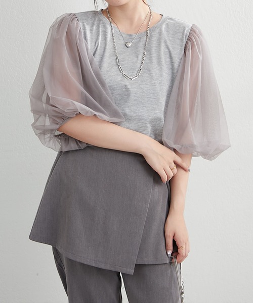Remind me and forever(リマインドミーアンドフォーエバー)の「袖チュールTシャツ(Tシャツ/カットソー・レディース・ブラック/オフホワイト/トップグレー・FREE)」の11枚目の写真