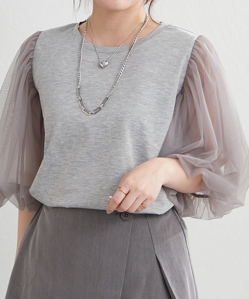 Remind me and forever(リマインドミーアンドフォーエバー)の「袖チュールTシャツ(Tシャツ/カットソー・レディース・ブラック/オフホワイト/トップグレー・FREE)」の12枚目の写真