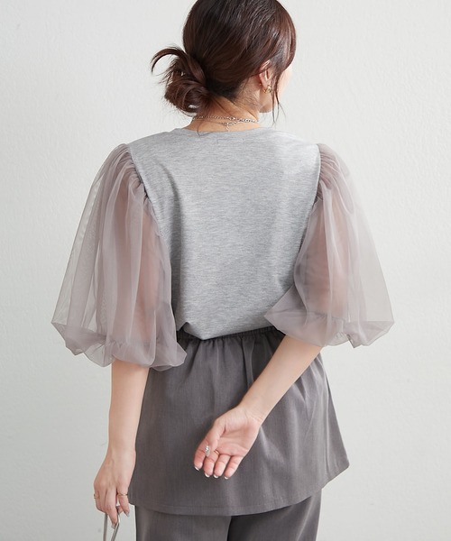 Remind me and forever(リマインドミーアンドフォーエバー)の「袖チュールTシャツ(Tシャツ/カットソー・レディース・ブラック/オフホワイト/トップグレー・FREE)」の13枚目の写真