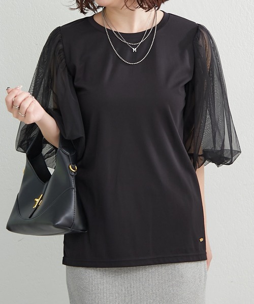 Remind me and forever(リマインドミーアンドフォーエバー)の「袖チュールTシャツ(Tシャツ/カットソー・レディース・ブラック/オフホワイト/トップグレー・FREE)」の19枚目の写真