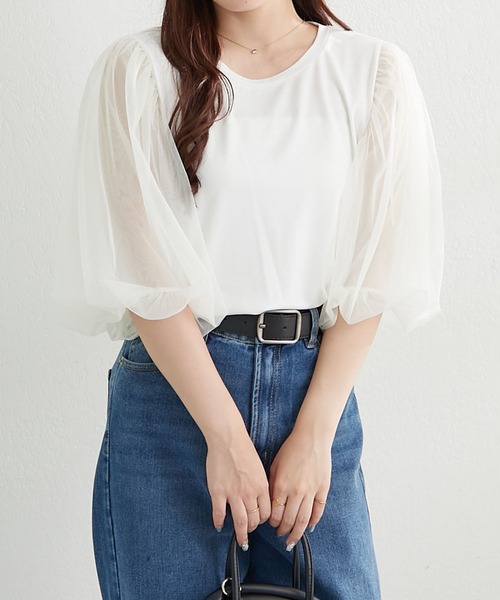 Remind me and forever(リマインドミーアンドフォーエバー)の「袖チュールTシャツ(Tシャツ/カットソー・レディース・ブラック/オフホワイト/トップグレー・FREE)」の5枚目の写真