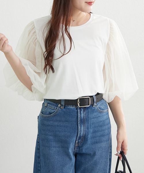 Remind me and forever(リマインドミーアンドフォーエバー)の「袖チュールTシャツ(Tシャツ/カットソー・レディース・ブラック/オフホワイト/トップグレー・FREE)」の6枚目の写真