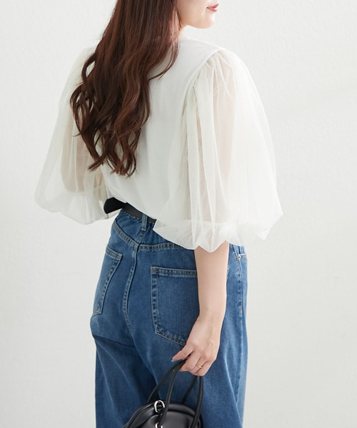 Remind me and forever(リマインドミーアンドフォーエバー)の「袖チュールTシャツ(Tシャツ/カットソー・レディース・ブラック/オフホワイト/トップグレー・FREE)」の7枚目の写真