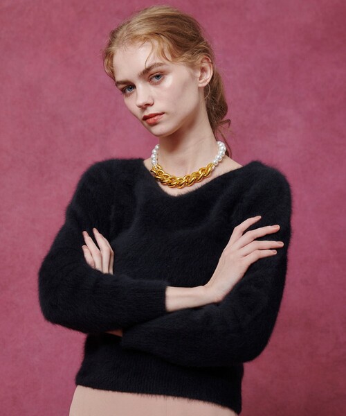 ルルウィルビー　ファー付きカットソー LOULOU WILLOUGHBY】カシミヤブレンドファー加工プルオーバー（ニット