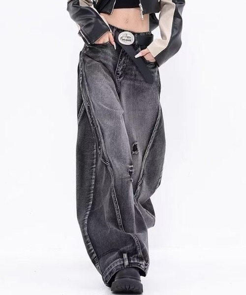 セール】ヴィンテージウォッシュワイドバギーデニムパンツ