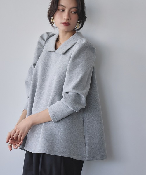 ELFRANK(エルフランク)の「ダンボール 襟付き パワーショルダー Aライン トップス(Tシャツ/カットソー・レディース・グレー/オフホワイト/チャコールグレー・FREE)」の15枚目の写真