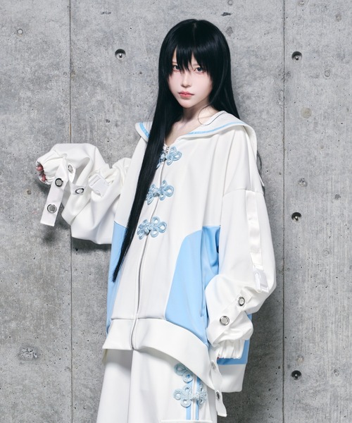 セール】チャイナボタン付き配色セーラーZIPパーカー（パーカー