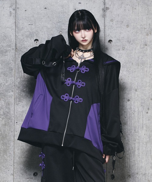 Amilige チャイナボタン付きセーラーZIPパーカー＆Brokenプリント セール】チャイナボタン付き配色セーラーZIPパーカー（パーカー