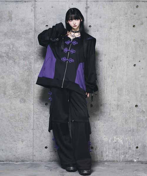 Amilige チャイナボタン付き配色セーラーZIPパーカー ブラック×パープル チャイナボタン付き配色セーラーZIPパーカー（パーカー）｜Amilige