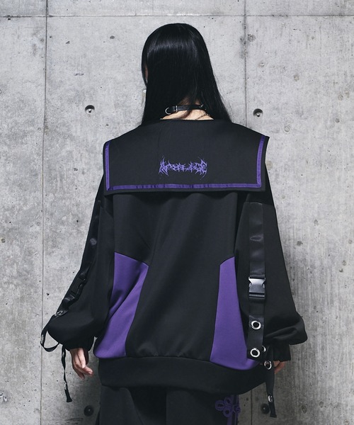 Amilige チャイナボタン付き配色セーラーZIPパーカー ブラック×パープル チャイナボタン付き配色セーラーZIPパーカー（パーカー）｜Amilige