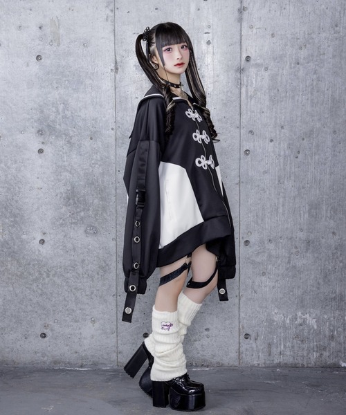 セール】チャイナボタン付き配色セーラーZIPパーカー（パーカー