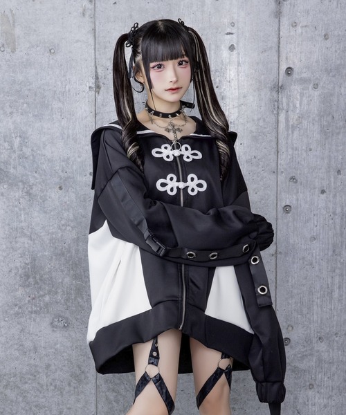 チャイナボタン付き配色セーラーZIPパーカー（パーカー）｜Amilige