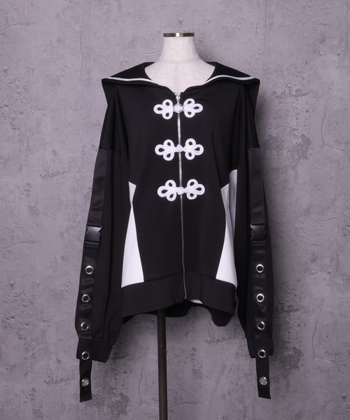 セール】チャイナボタン付き配色セーラーZIPパーカー（パーカー