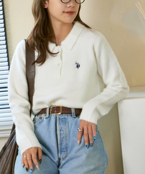 U.S. POLO ASSN.(ユーエスポロアッスン)の「U.S. POLO ASSN./ユーエスポロアッスン モヘア風 襟付きニットポロ 冬服(ニット/セーター・レディース・ネイビー/レッド/アイボリー・M/S)」の2枚目の写真