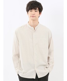 シャツ メンズ 長袖 シャンブレー ストライプ バンドカラー ややゆったり ルーズフィット 胸ポケット レーヨン混