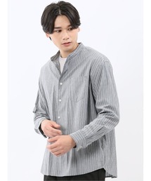m.f.editorial | シャツ メンズ 長袖 シャンブレー ストライプ バンドカラー ややゆったり ルーズフィット 胸ポケット レーヨン混(シャツ/ブラウス)